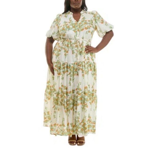 Taylor Plus Sz 16W Floral Split Neck Puff Sleeve Maxi Dress Ivory Sunset Orange